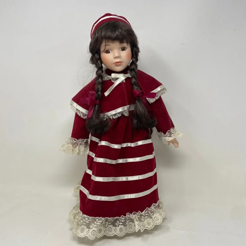 Classique Collection Porcelain Doll 16 inch Burgundy Velvet Dress‎ Lace LAU 247A